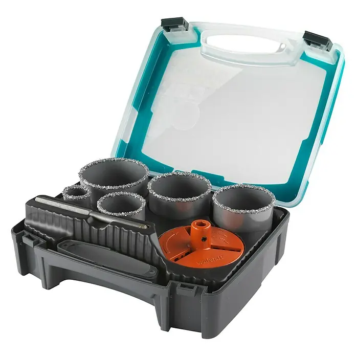 Wolfcraft Hohlbohrkronen-Set - 7 -tlg., Arbeitsdurchmesser: 33 mm - 83 mm, Schnitttiefe: 55 mm - Diagonale Ansicht
