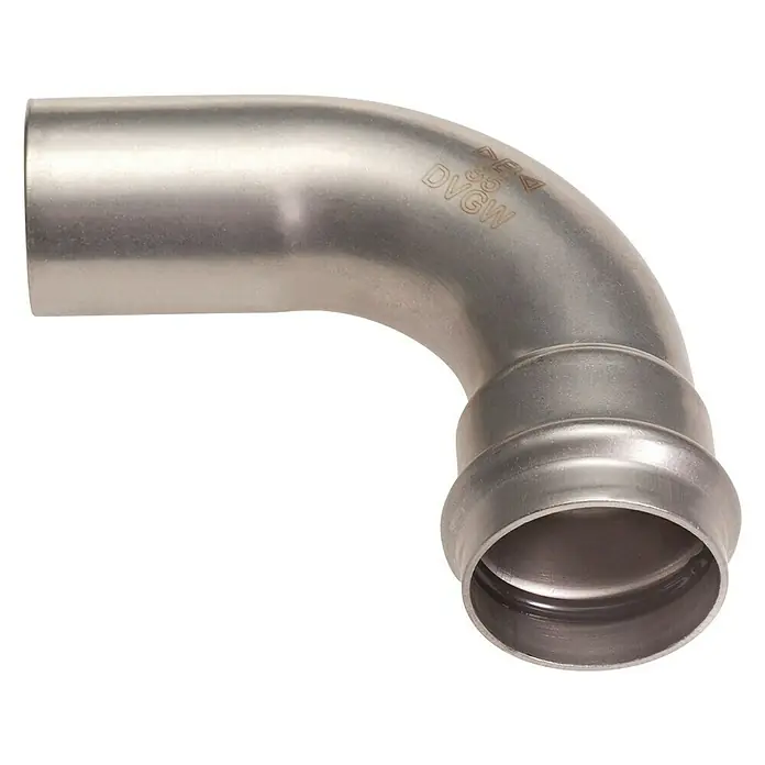 Edelstahl-Press-Bogen I/A - Durchmesser: 22 mm, Winkel: 90 ° - Diagonale Ansicht