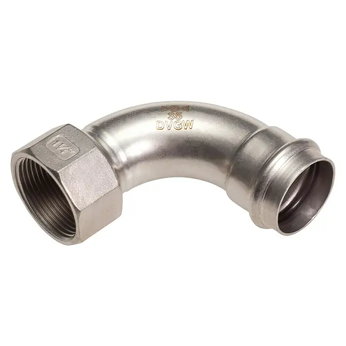 Edelstahl-Press-Übergangswinkel - Durchmesser: 15 mm, Innengewinde: ½″ - Diagonale Ansicht