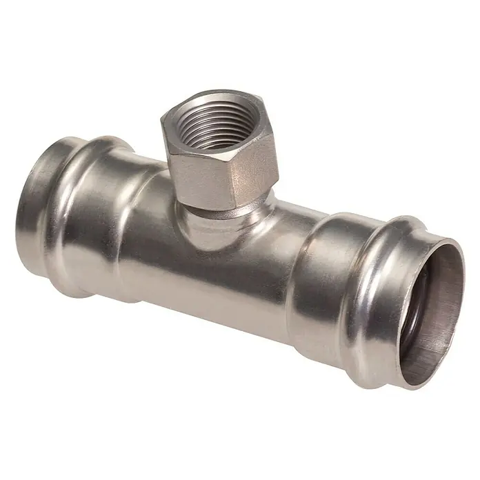 Edelstahl-Press-T-Stück - Durchmesser: 15 mm, Innengewinde: ½″ - Diagonale Ansicht