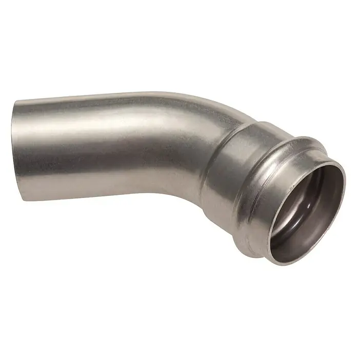 Edelstahl-Press-Bogen I/A - Durchmesser: 15 mm, Winkel: 45 ° - Diagonale Ansicht