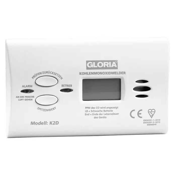 Gloria Kohlenmonoxidmelder K2D - L x B x H: 40 x 116 x 72 mm, Batterielaufzeit: 1 Jahr - Vorderansicht