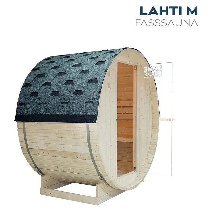 Home Deluxe Fasssauna Lahti - Mit 3,6 kW Saunaofen mit integrierter Steuerung, 194,8 x 191,7 x 120 cm - Diagonale Ansicht