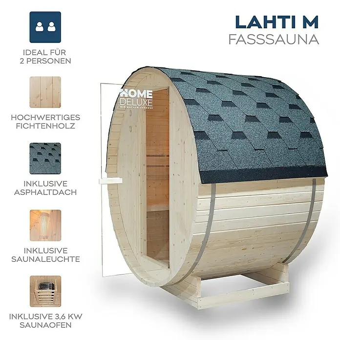 Home Deluxe Fasssauna Lahti - Mit 3,6 kW Saunaofen mit integrierter Steuerung, 194,8 x 191,7 x 120 cm