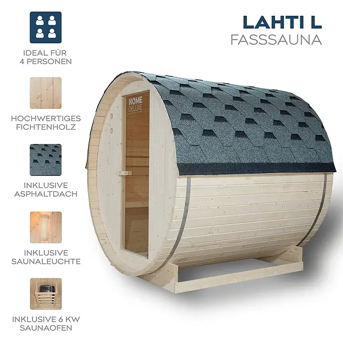 Home Deluxe Fasssauna Lahti - Mit 6 kW Saunaofen mit integrierter Steuerung, 194,8 x 191,7 x 180 cm