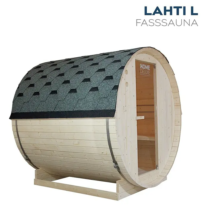 Home Deluxe Fasssauna Lahti - Mit 6 kW Saunaofen mit integrierter Steuerung, 194,8 x 191,7 x 180 cm - Diagonale Ansicht
