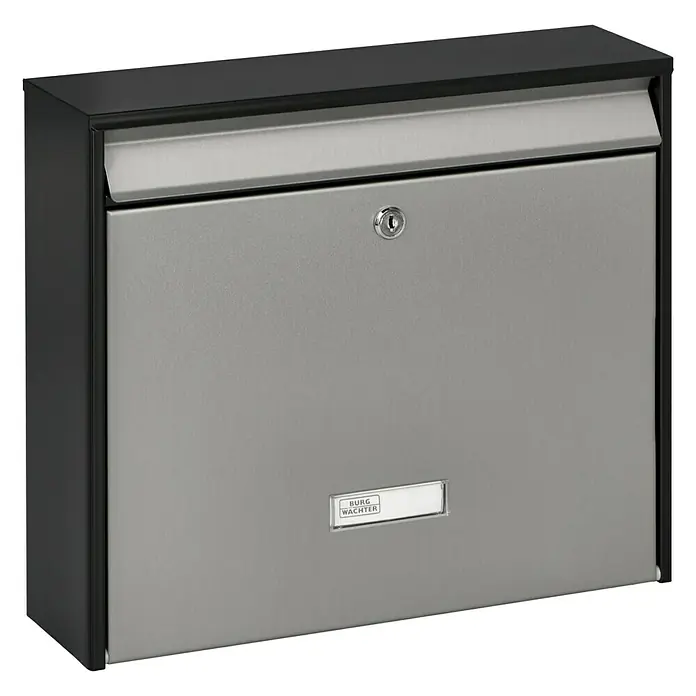 Burg-Wächter Briefkasten Oxford - Stahl, L x B x H: 100 x 362 x 322 mm, Schwarz, Edelstahl, Format Einwurf: DIN C4, 333 x 34 mm, Ohne Zeitungsfach - Diagonale Ansicht
