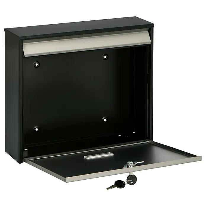 Burg-Wächter Briefkasten Oxford - Stahl, L x B x H: 100 x 362 x 322 mm, Schwarz, Edelstahl, Format Einwurf: DIN C4, 333 x 34 mm, Ohne Zeitungsfach - Diagonale Ansicht