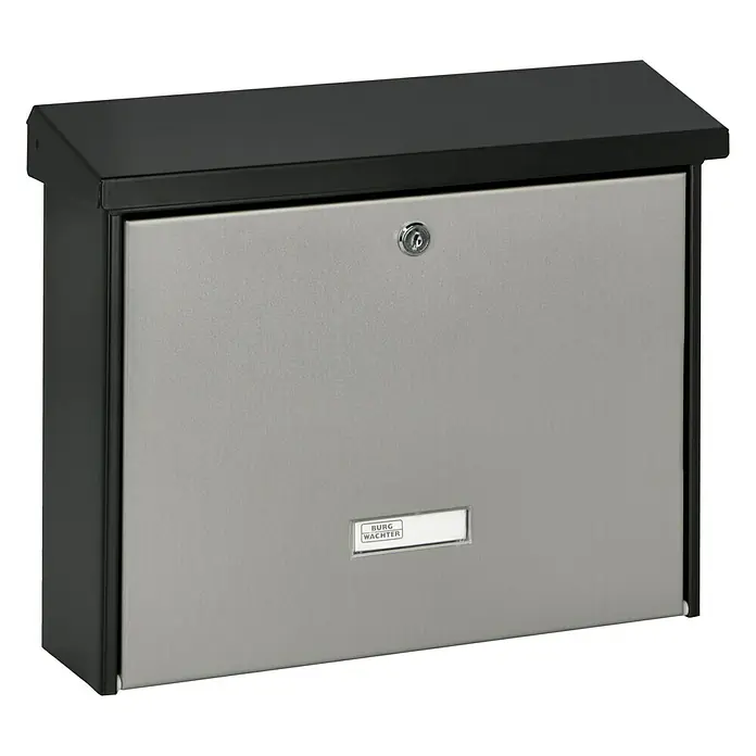 Burg-Wächter Briefkasten London 6767 B+S - L x B x H: 115 x 377 x 320 mm, Stahl, Schwarz/Edelstahl - Diagonale Ansicht