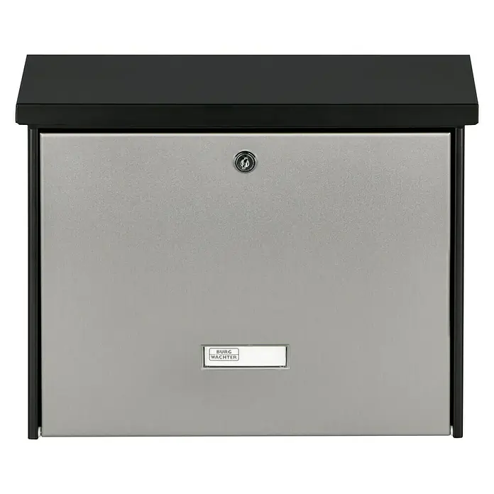 Burg-Wächter Briefkasten London 6767 B+S - L x B x H: 115 x 377 x 320 mm, Stahl, Schwarz/Edelstahl - Vorderansicht