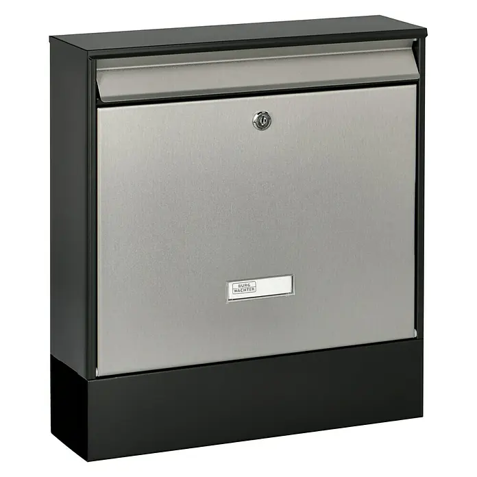 Burg-Wächter Briefkasten Oxford - Stahl, L x B x H: 100 x 362 x 403 mm, Schwarz, Edelstahl, Format Einwurf: DIN C4, 333 x 34 mm, Mit Zeitungsfach - Diagonale Ansicht