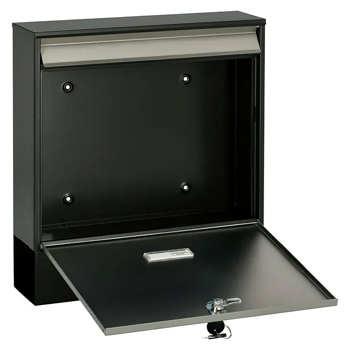 Burg-Wächter Briefkasten Oxford - Stahl, L x B x H: 100 x 362 x 403 mm, Schwarz, Edelstahl, Format Einwurf: DIN C4, 333 x 34 mm, Mit Zeitungsfach - Diagonale Ansicht