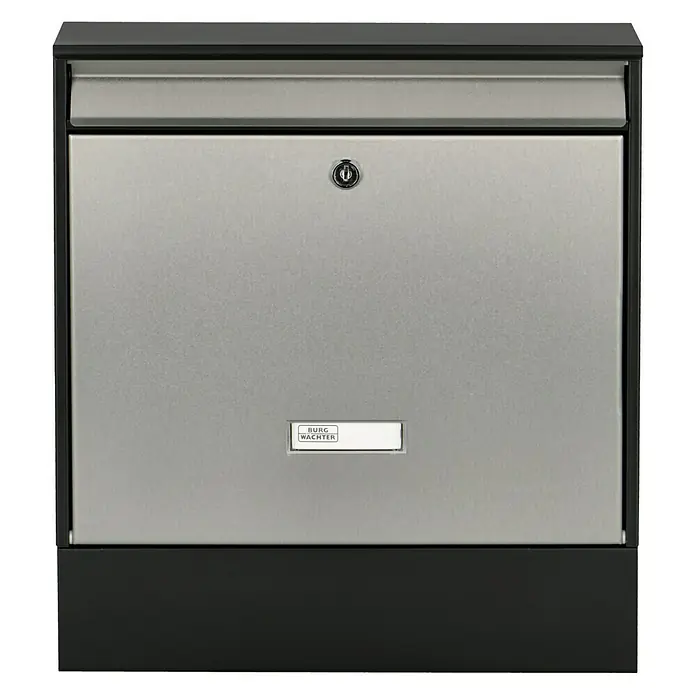 Burg-Wächter Briefkasten Oxford - Stahl, L x B x H: 100 x 362 x 403 mm, Schwarz, Edelstahl, Format Einwurf: DIN C4, 333 x 34 mm, Mit Zeitungsfach - Vorderansicht