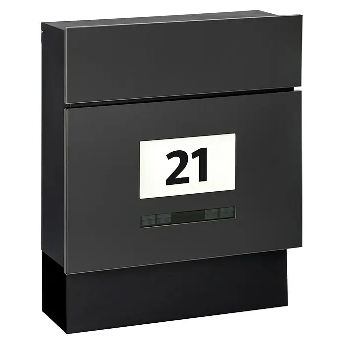 Briefkasten Quintus Solar - L x B x H: 14,5 x 39,5 x 48 cm, Stahl, Mit Zeitungsfach, Farbe: Anthrazit - Diagonale Ansicht