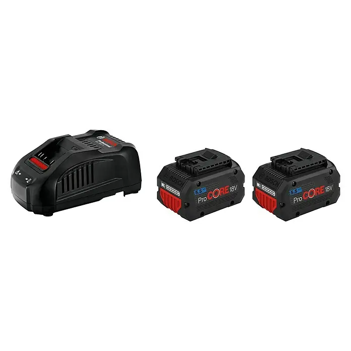 Bosch Professional ProCore 18 V Akku & Ladegerät Starter-Set 2 x ProCore 18 V/5,5 Ah & 1 x GAL 1880 CV - 18 V, 2 Akkus, 5,5 Ah - Diagonale Ansicht