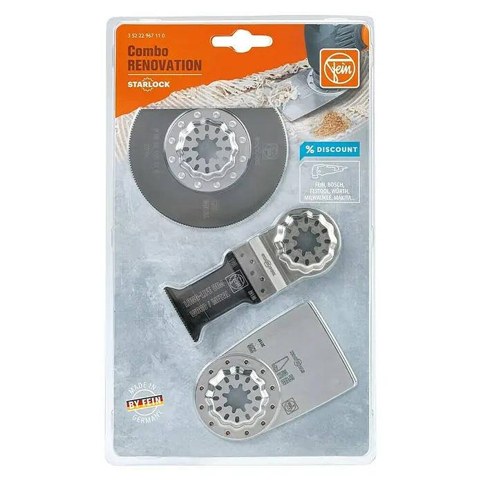 Fein Zubehör-Set Combo Starlock Renovation - 3 -tlg., Passend für: Multifunktionswerkzeug mit Starlock-Aufnahme, Multifunktionswerkzeug mit Starlock-Plus-Aufnahme, Multifunktionswerkzeug mit Starlock-Max-Aufnahme - Vorderansicht