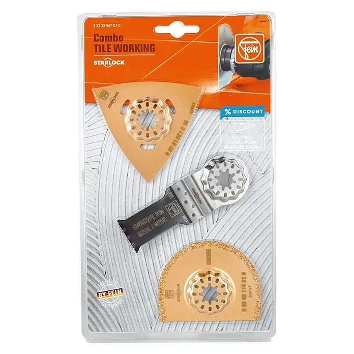Fein Zubehör-Set Combo Starlock Tileworking - 3 -tlg., Passend für: Multifunktionswerkzeug mit Starlock-Aufnahme, Multifunktionswerkzeug mit Starlock-Plus-Aufnahme, Multifunktionswerkzeug mit Starlock-Max-Aufnahme - Vorderansicht