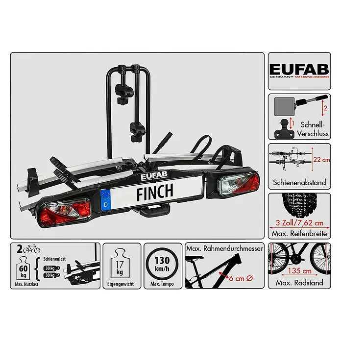 Eufab Fahrradträger Finch - Geeignet für: 2 Fahrräder/E-Bikes, Traglast: 60 kg