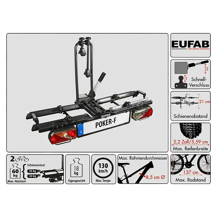 Eufab Fahrradträger Poker-F - Geeignet für: 2 Fahrräder, Traglast: 60 kg, Passend für: Fahrzeuge mit Anhängerkupplung