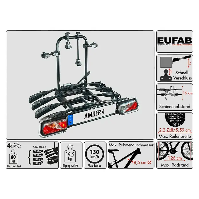 Eufab Fahrradträger Amber 4 - Geeignet für: 4 Fahrräder, Traglast: 60 kg, Passend für: Fahrzeuge mit Anhängerkupplung