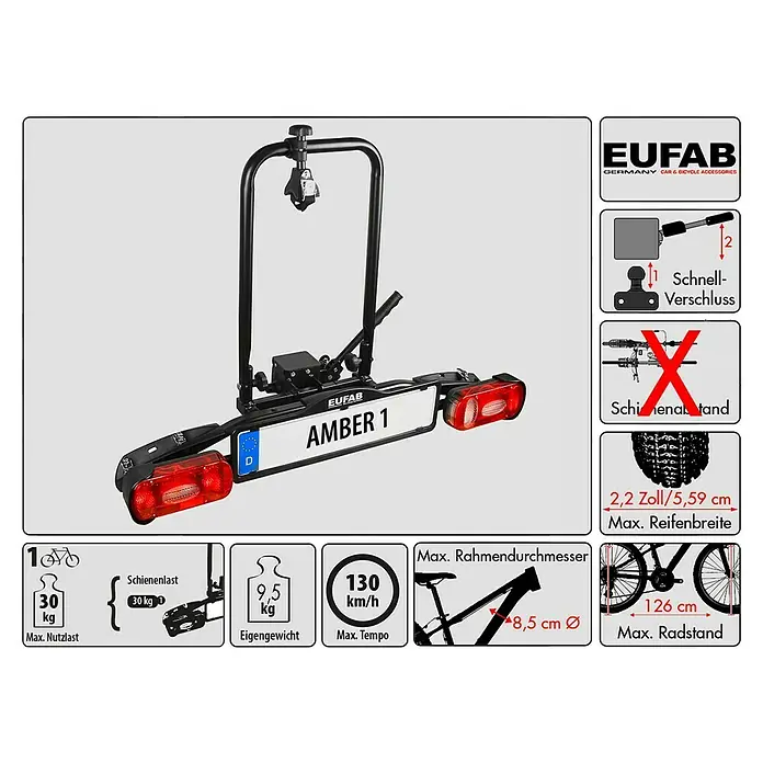 Eufab Fahrradträger Amber 1 - Geeignet für: 1 Fahrrad, Passend für: Fahrzeuge mit Anhängerkupplung
