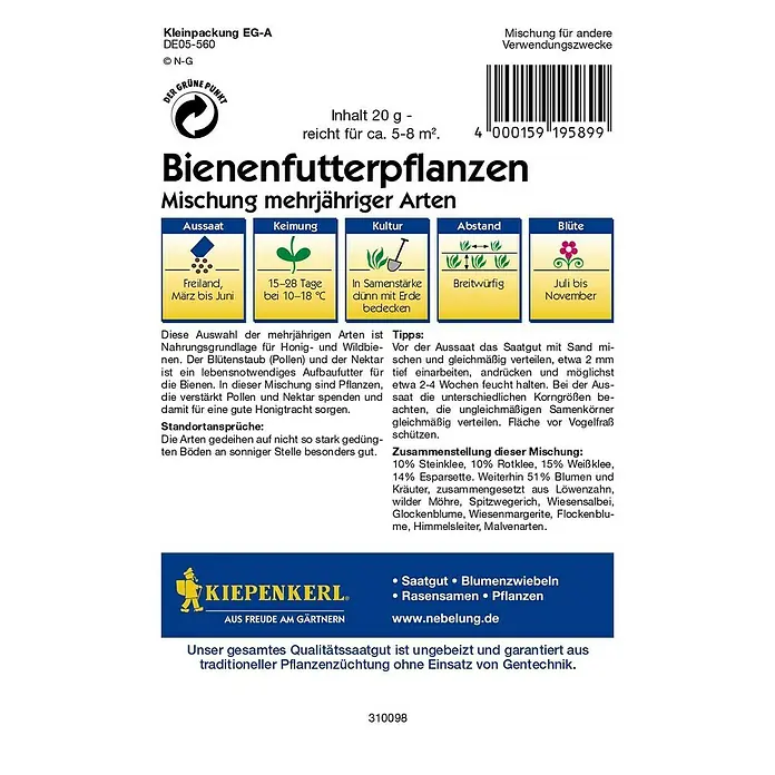 Kiepenkerl Profi-Line Blumensamenmischung Bienenfutterpflanze - Verschiedene Sorten, Blütezeit: Juni, 5 m² - 8 m² - Rückansicht