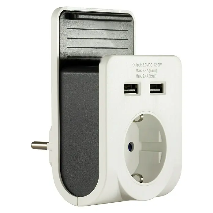 REV Cargador USB Enchufe adaptador - Blanco, 2 conexiones USB - Vista angular