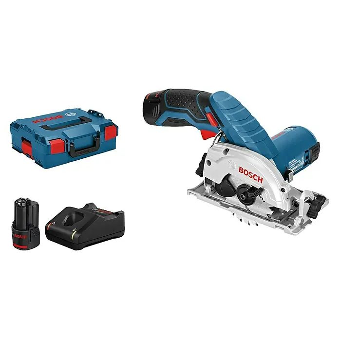 Bosch Professional Sierra circular de batería GKS 12V-26 L-Boxx - 12 V, 2 baterías, 3 Ah, Hoja de sierra: Ø 85 mm, Número de revoluciones de marcha en vacío: 1.400 r.p.m. - Vista angular