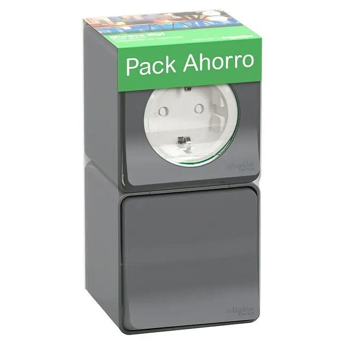 Schneider Electric Conmutador y schuko pack Mureva - Gris, Montaje en la pared, IP55 - Vista angular