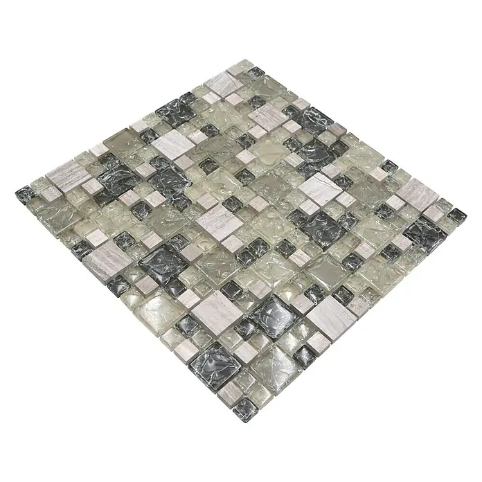 Mozaïektegel glas Mix XIC K1452 - 30,5 x 30,5 cm, Grijs/Groen, Glanzend - Diagonaal zicht