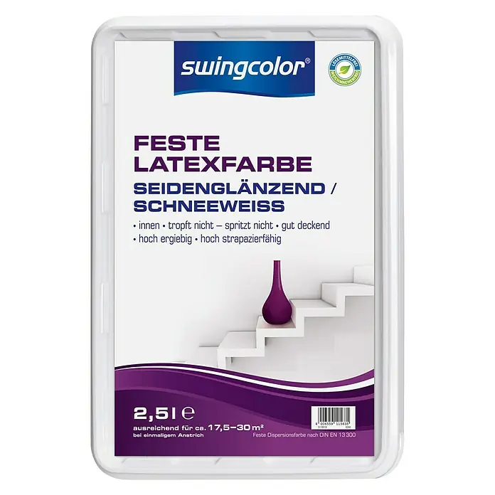 swingcolor Feste Latexfarbe - Schneeweiß, 2,5 l, Seidenglänzend - Vorderansicht