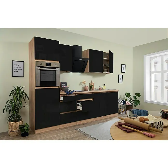 Respekta Premium Küchenzeile GLRP280HESS - Breite: 280 cm, Mit Elektrogeräten, Schwarz Hochglanz - Stimmungsaufnahme