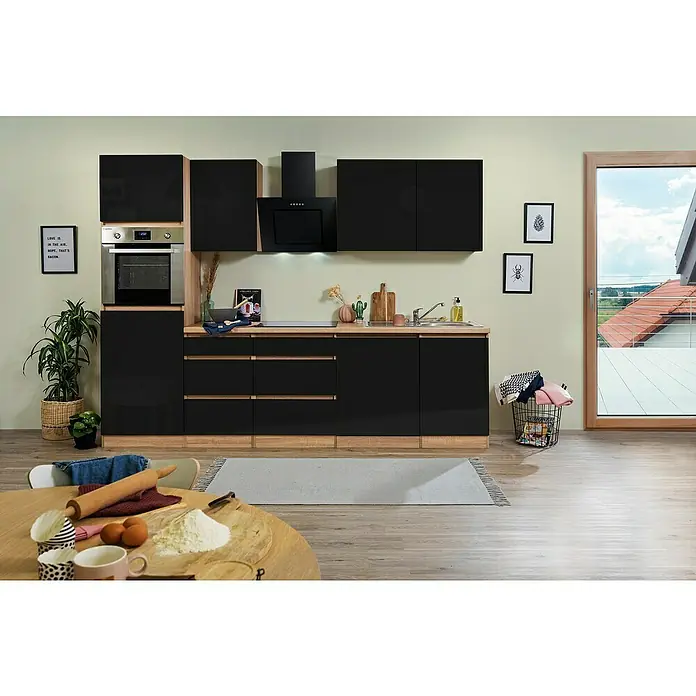 Respekta Premium Küchenzeile GLRP280HESS - Breite: 280 cm, Mit Elektrogeräten, Schwarz Hochglanz - Stimmungsaufnahme