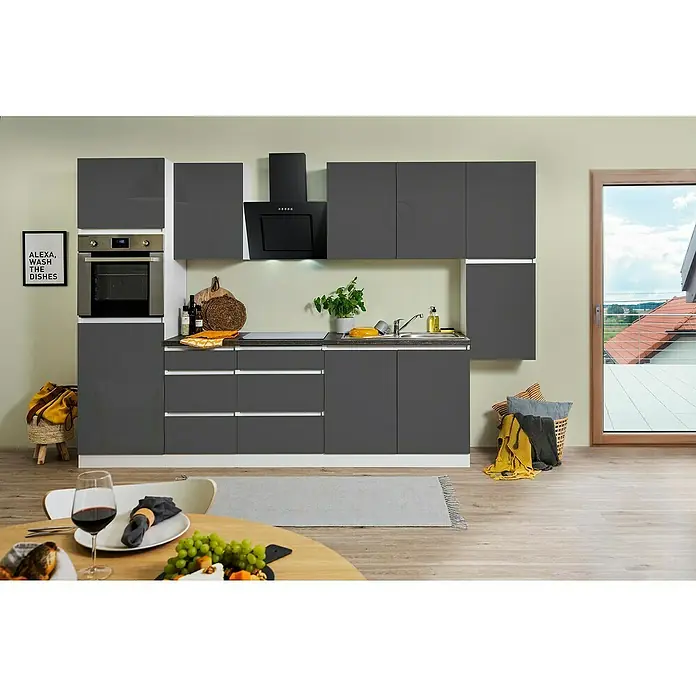 Respekta Premium Küchenzeile GLRP320HWG - Breite: 320 cm, Mit Elektrogeräten, Grau Hochglanz - Stimmungsaufnahme