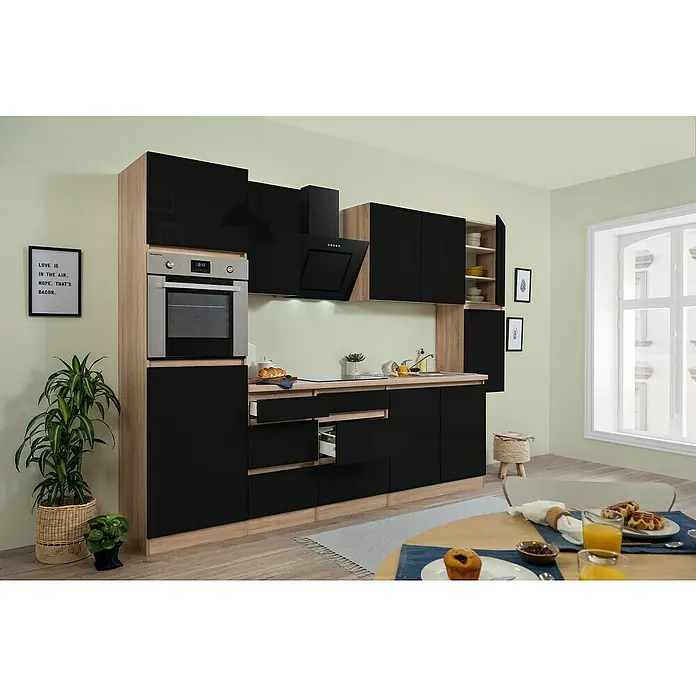 Respekta Premium Küchenzeile GLRP320HESS - Breite: 320 cm, Mit Elektrogeräten, Schwarz Hochglanz - Stimmungsaufnahme