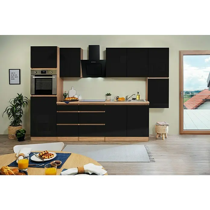 Respekta Premium Küchenzeile GLRP320HESS - Breite: 320 cm, Mit Elektrogeräten, Schwarz Hochglanz - Stimmungsaufnahme