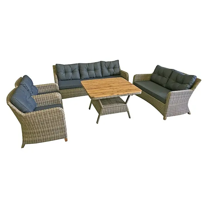 Loungeset PinPao - Aluminium frame met hoogwaardig wicker, Acaciahout tafelblad, Bruin - Diagonaal zicht