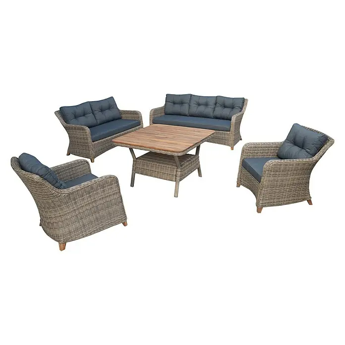 Loungeset PinPao - Aluminium frame met hoogwaardig wicker, Acaciahout tafelblad, Bruin - Diagonaal zicht