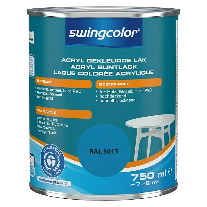 swingcolor Acryllak RAL 5015 Hemelsblauw - Hemelsblauw, 750 ml, Zijdemat - Vooraanzicht