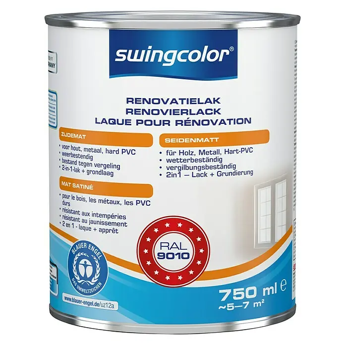 swingcolor Renovatieverf RAL 9010 Wit - Gebroken wit, 750 ml, Zijdemat - Vooraanzicht