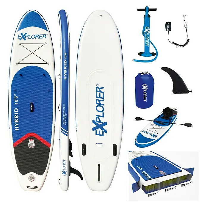 Explorer SUP-Board-Set Hybrid 10.6 - L x B x H: 320 x 84 x 15 cm, Nutzlast: 150 kg, Aufblasbar, Blau/Weiß - Vorderansicht