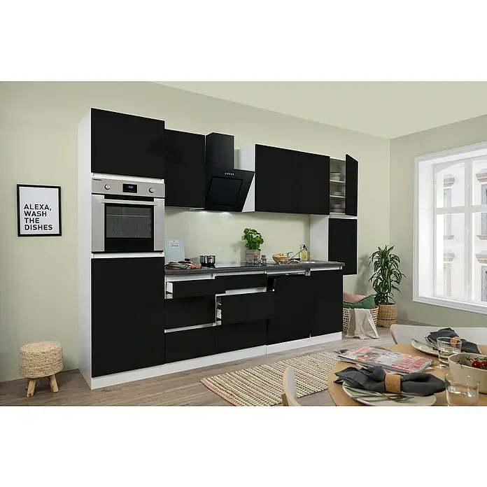 Respekta Premium Küchenzeile GLRP330HWS - Breite: 330 cm, Mit Elektrogeräten, Schwarz Hochglanz - Stimmungsaufnahme