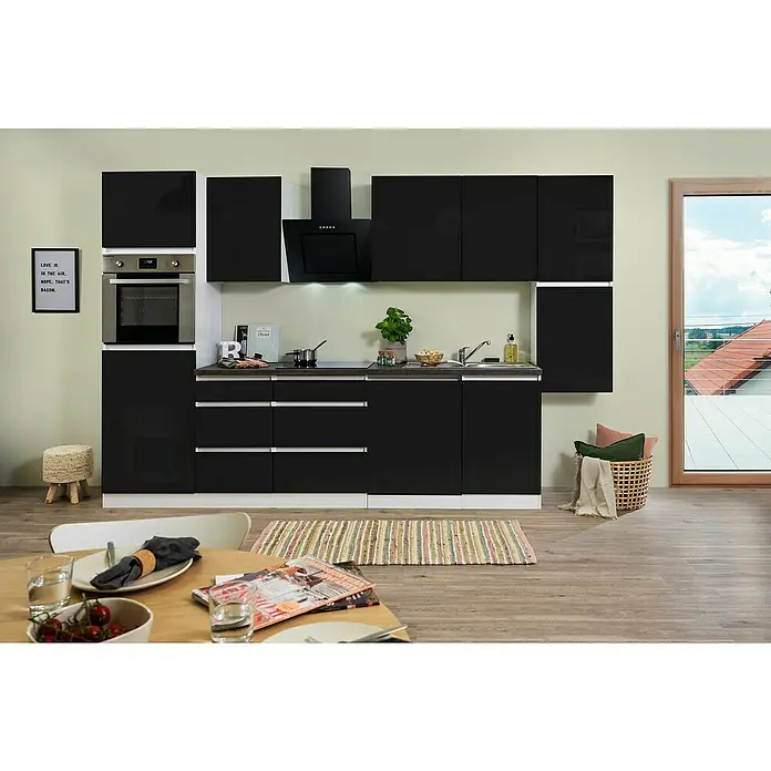 Respekta Premium Küchenzeile GLRP330HWS - Breite: 330 cm, Mit Elektrogeräten, Schwarz Hochglanz - Stimmungsaufnahme