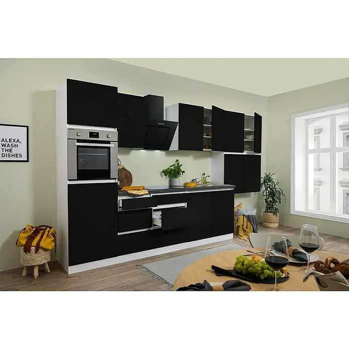 Respekta Premium Küchenzeile GLRP370HWS - Breite: 370 cm, Mit Elektrogeräten, Schwarz Hochglanz - Stimmungsaufnahme