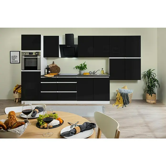 Respekta Premium Küchenzeile GLRP370HWS - Breite: 370 cm, Mit Elektrogeräten, Schwarz Hochglanz - Stimmungsaufnahme