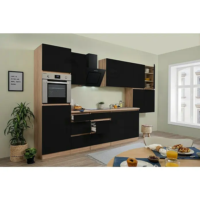 Respekta Premium Küchenzeile GLRP370HESS - Breite: 370 cm, Mit Elektrogeräten, Schwarz Hochglanz - Stimmungsaufnahme