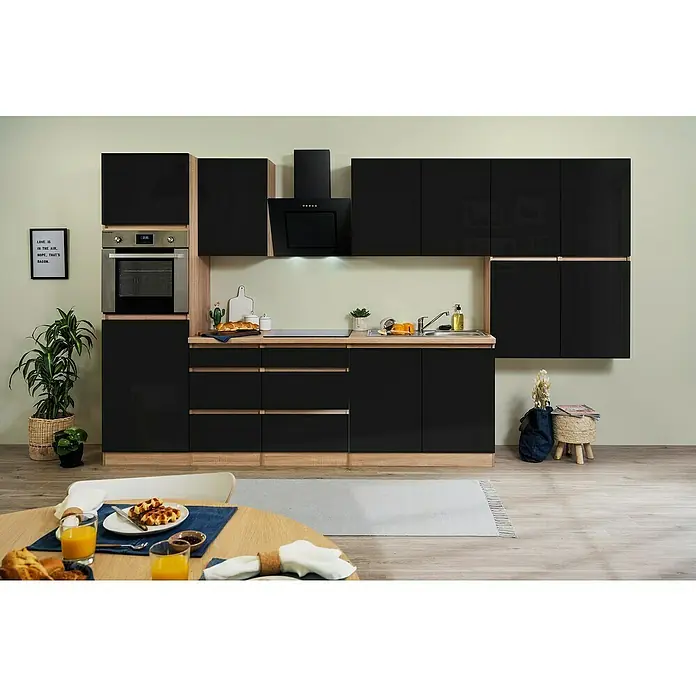 Respekta Premium Küchenzeile GLRP370HESS - Breite: 370 cm, Mit Elektrogeräten, Schwarz Hochglanz - Stimmungsaufnahme