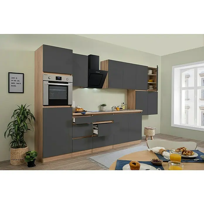 Respekta Premium Küchenzeile GLRP370HESG - Breite: 370 cm, Mit Elektrogeräten, Grau Hochglanz - Stimmungsaufnahme