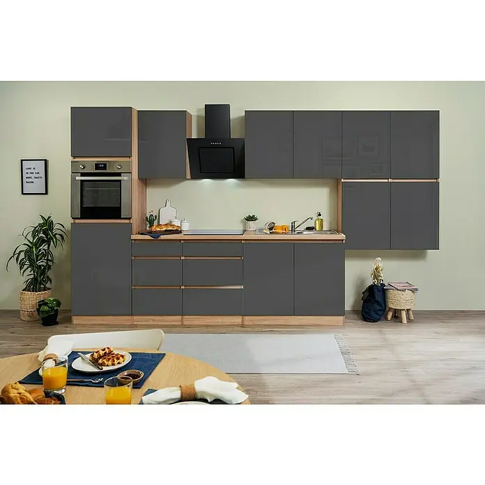 Respekta Premium Küchenzeile GLRP370HESG - Breite: 370 cm, Mit Elektrogeräten, Grau Hochglanz - Stimmungsaufnahme