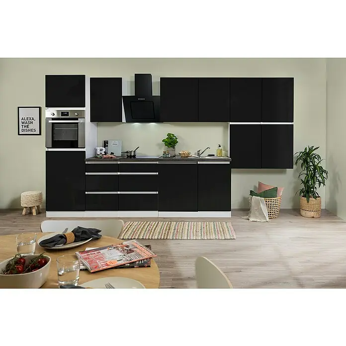 Respekta Premium Küchenzeile GLRP380HWS - Breite: 380 cm, Mit Elektrogeräten, Schwarz Hochglanz - Stimmungsaufnahme